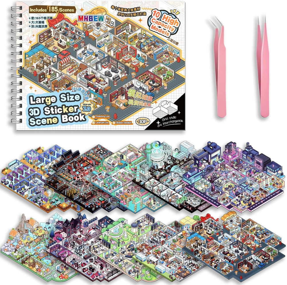 10 Sets Big Size DIY 3D Sticker Scene Collection Book Isometric Miniature Cozy R