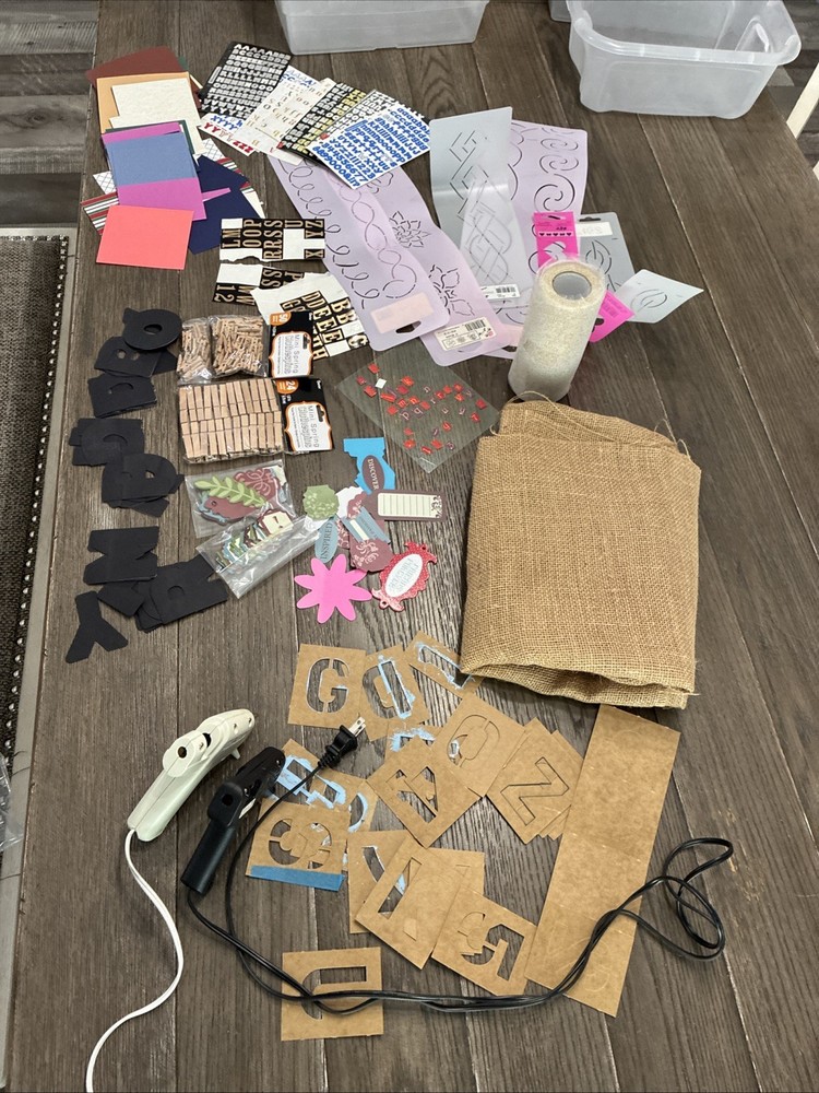 Lot of Scrapbooking Supplies. Burlap, Letters, Stencils, Paper, Hot Glue Guns,++