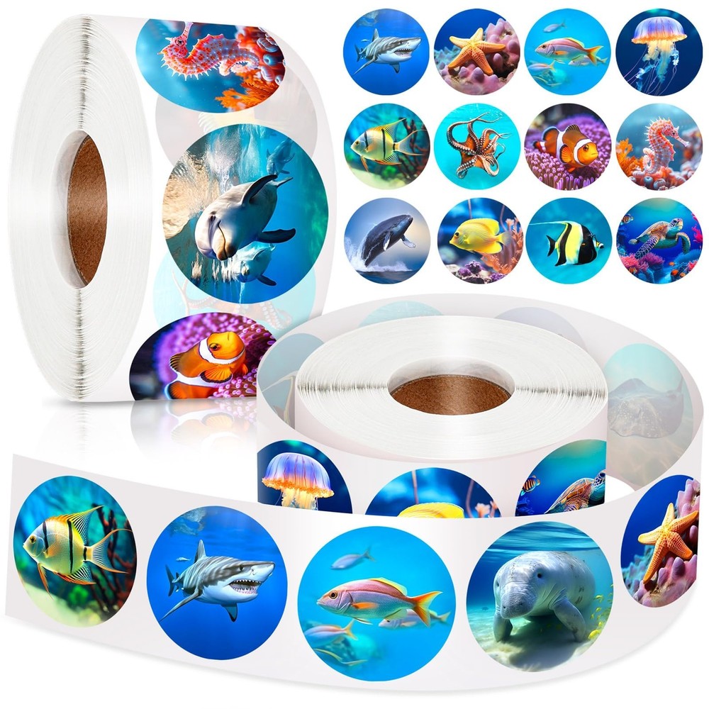 1200Pcs Round Ocean Stickers Roll – 16 Fun Designs for Scrapbooking & Crafts
