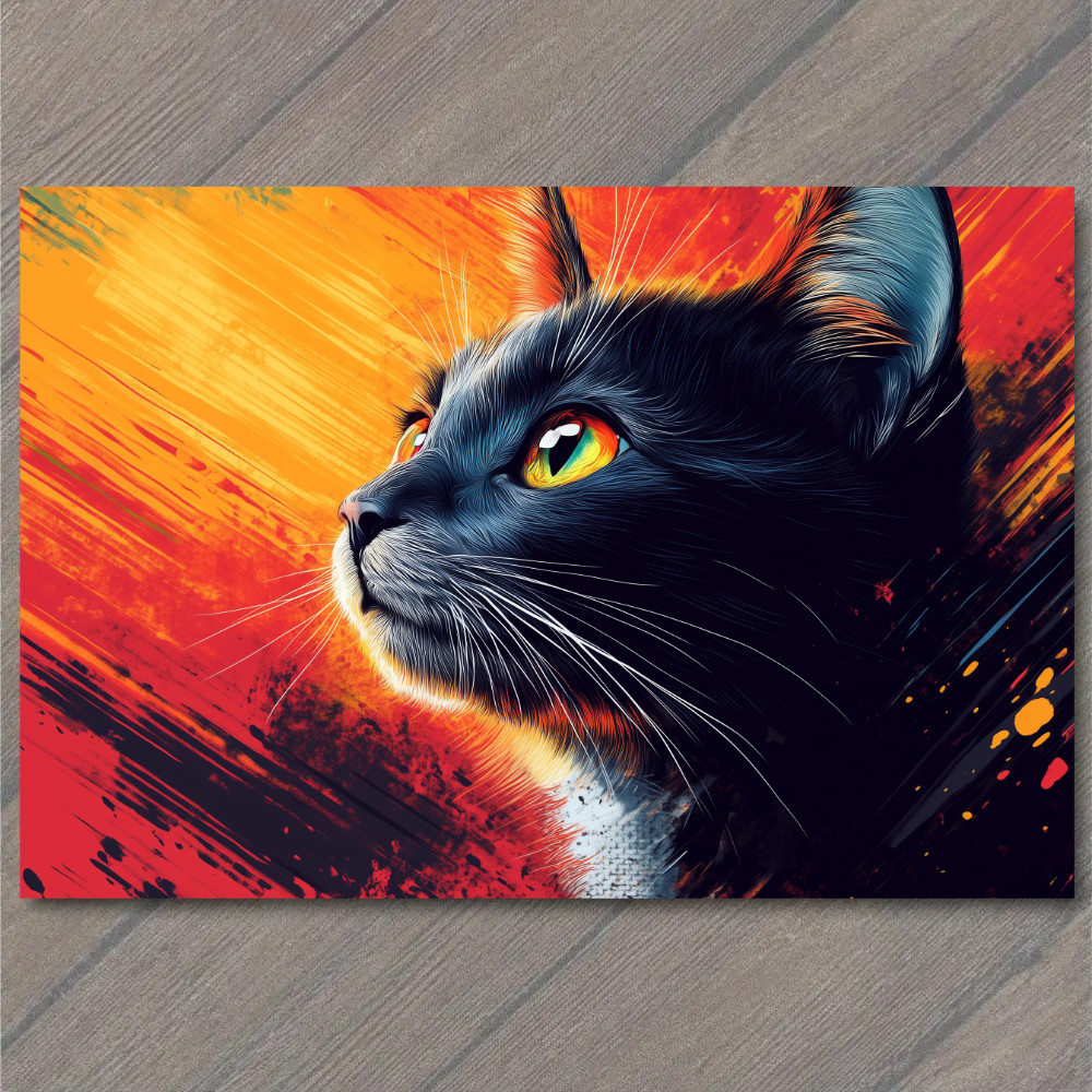 STICKER Cat Orange Glow Black Fur Intense Stare Yellow Eyes Fire Brush Look