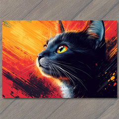 STICKER Cat Orange Glow Black Fur Intense Stare Yellow Eyes Fire Brush Look