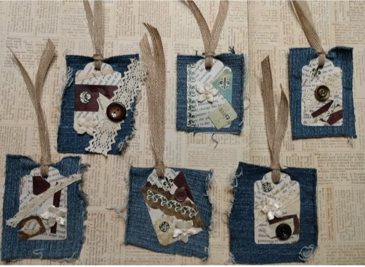 Six OOAK Junk Journal Denim Tags Ephemera Scrapbooking VTG Embellished Handmade