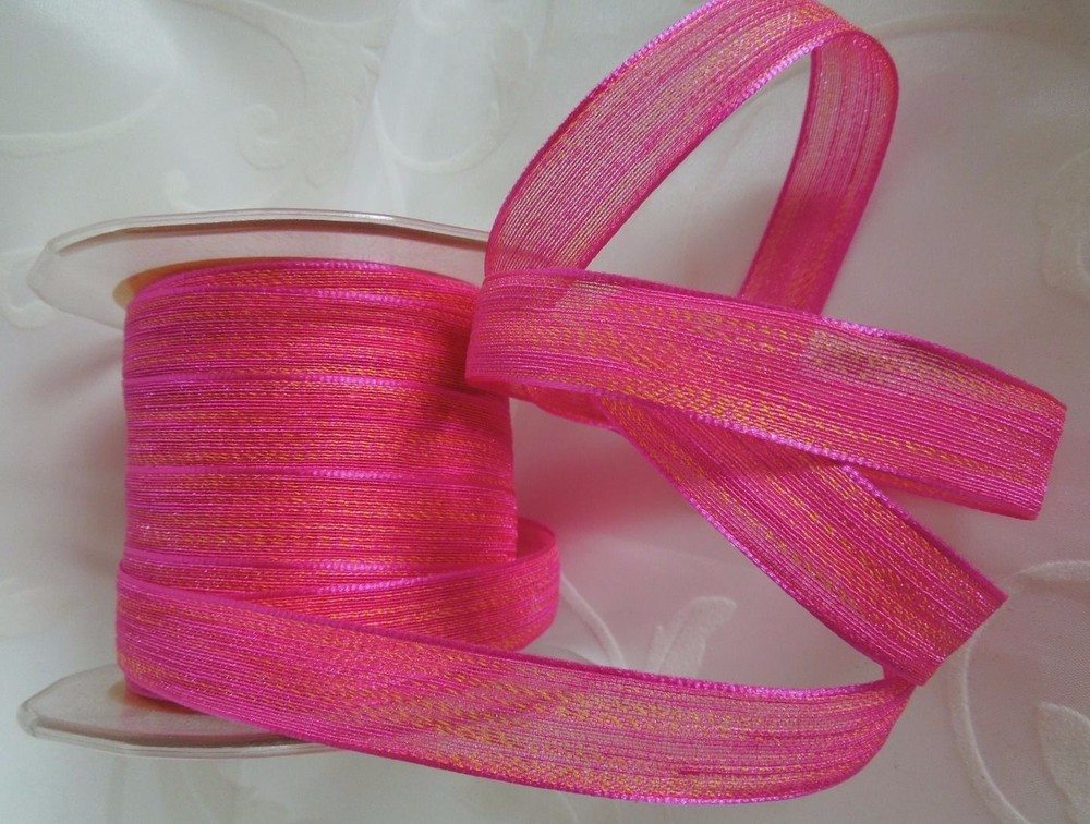 MAY ARTS RIBBONS~MESH RIBBON~FUCHSIA & YELLOW~5/8THS» WIDE~SOLD BY THE YARD
