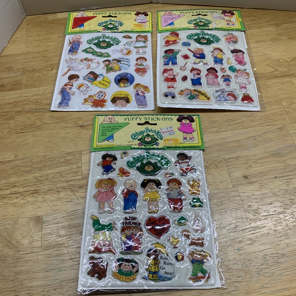 Vintage Lot 3 Cabbage Patch Puffy Stickers Stick Ons 1983 Diamond New Sealed CPK