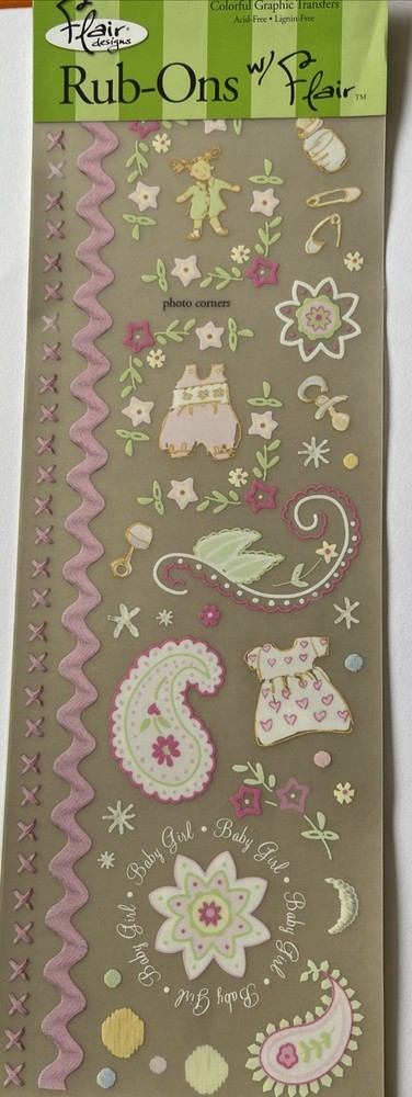 BABY GIRL IMAGES Rub-On(4”x 12”)Flair•Paisley•Pink•Flowers •Stitches•Card Making