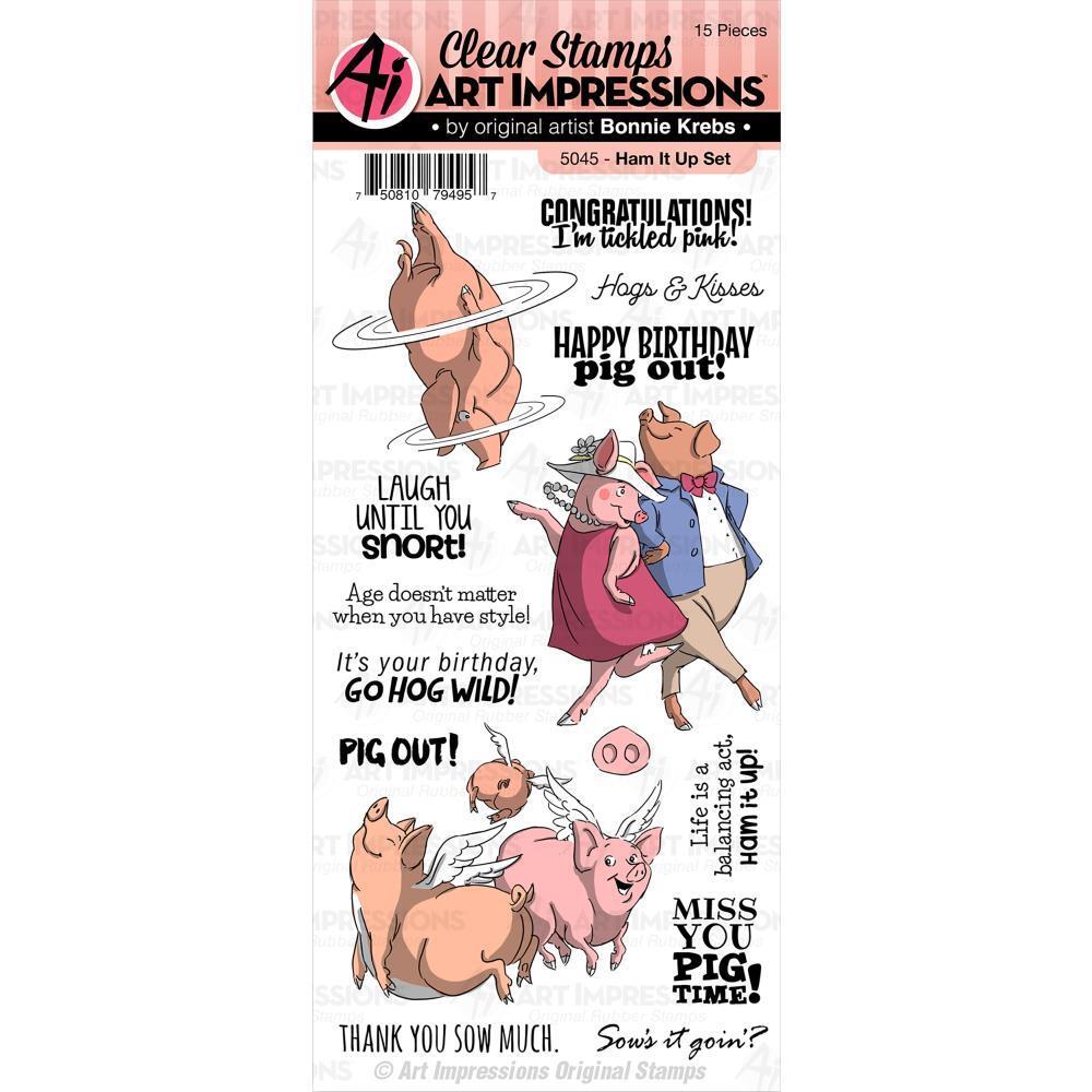 New ART IMPRESSIONS Rubber Stamp set HAM IT UP Birthday funny