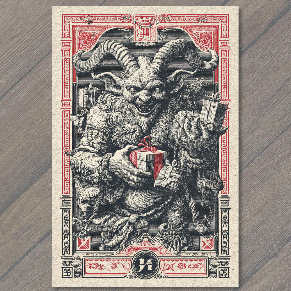 STICKER Krampus Holding Gifts Gothic Horror Christmas Devil Myth Holiday Print
