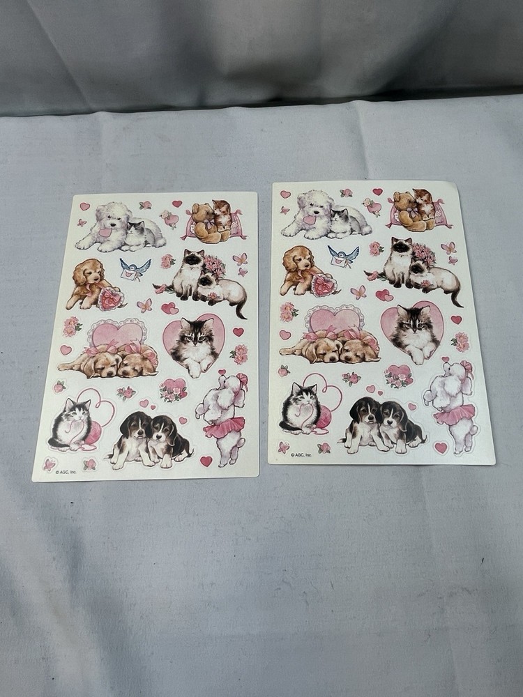 American Greetings Stickers Kittens Puppies Dog Valentine Cats Vtg 2 Sheets Cute