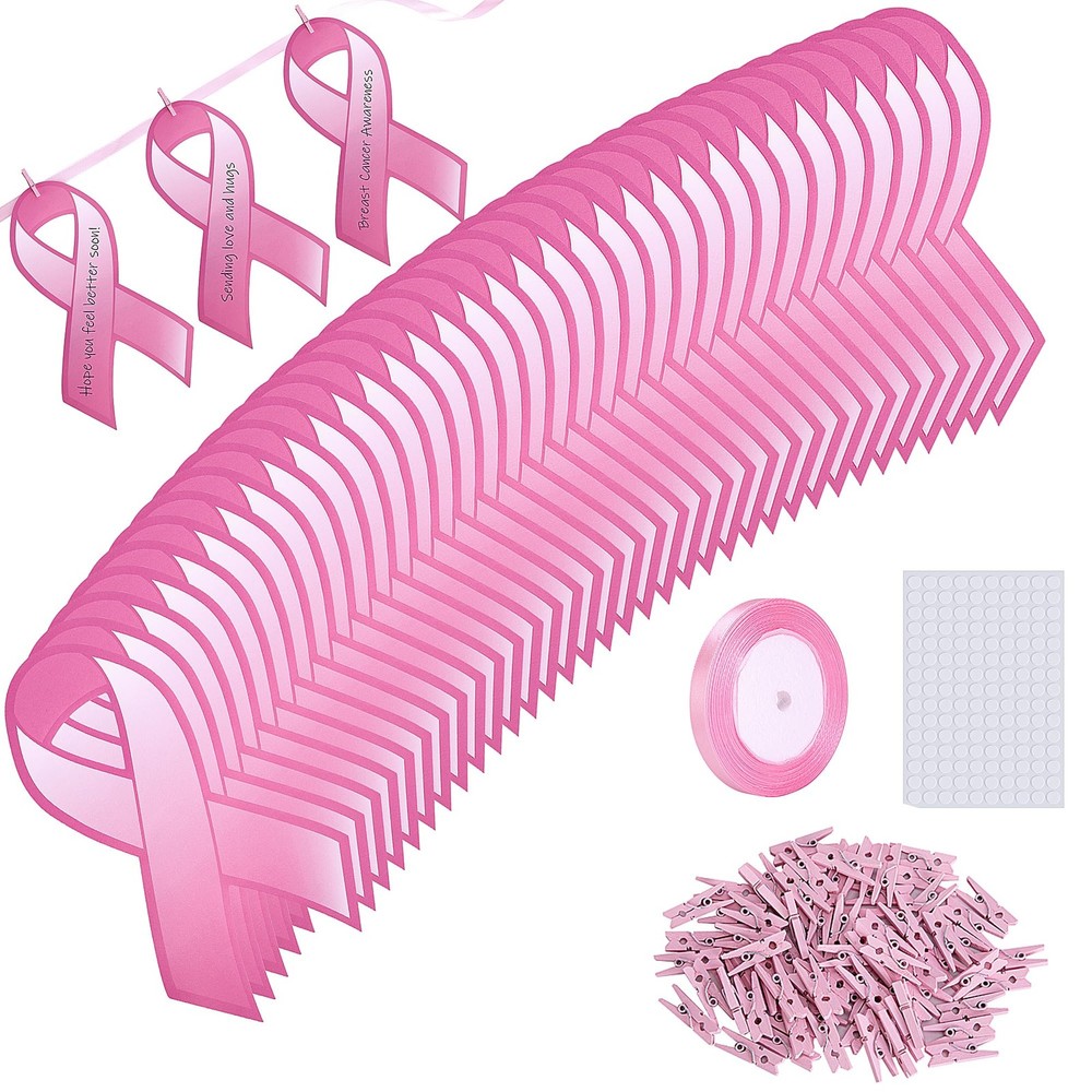 150 PCS Breast Cancer Ribbon Pink Awareness Cutouts Wooden Clips 24 Yards