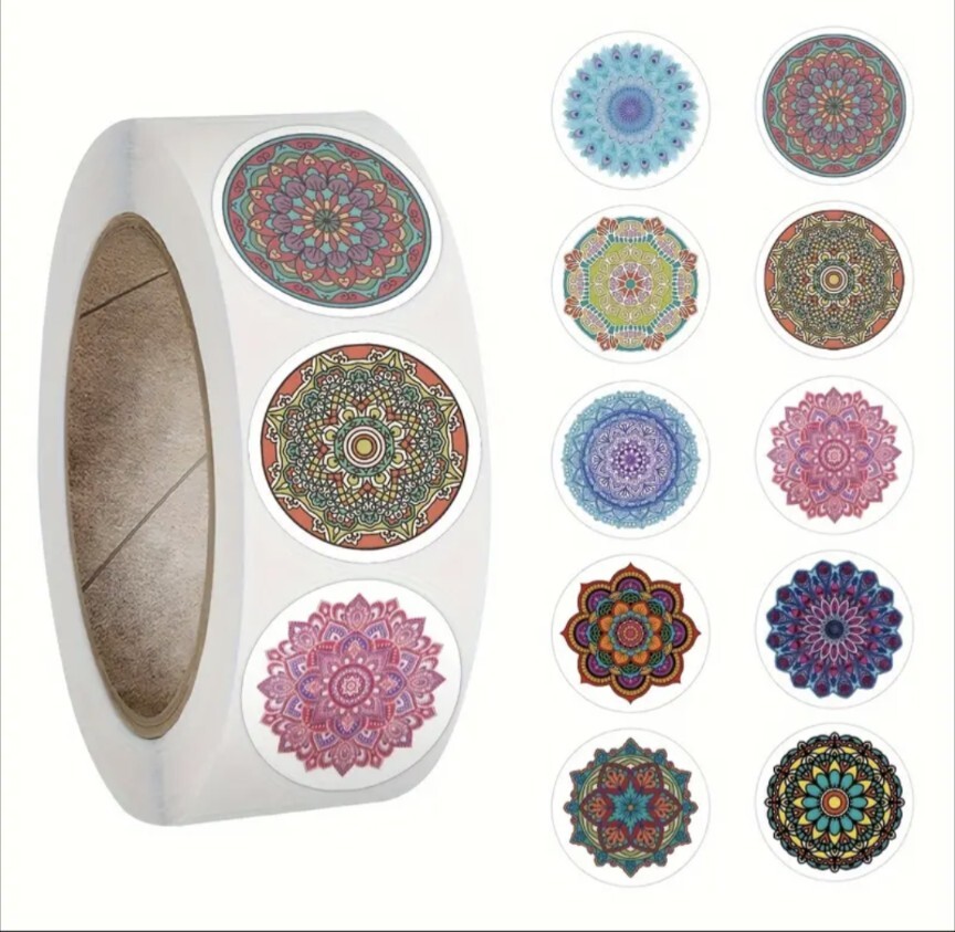 500 pcs Sticker Seals Roll Beautiful Mandala Art Semi Gloss Self Adhesive NEW