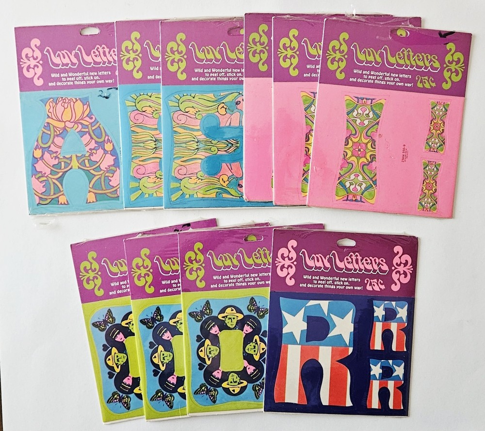 Vtg Hallmark Luv Letters Stickers LOT NIP hippy art psychedelic alphabet