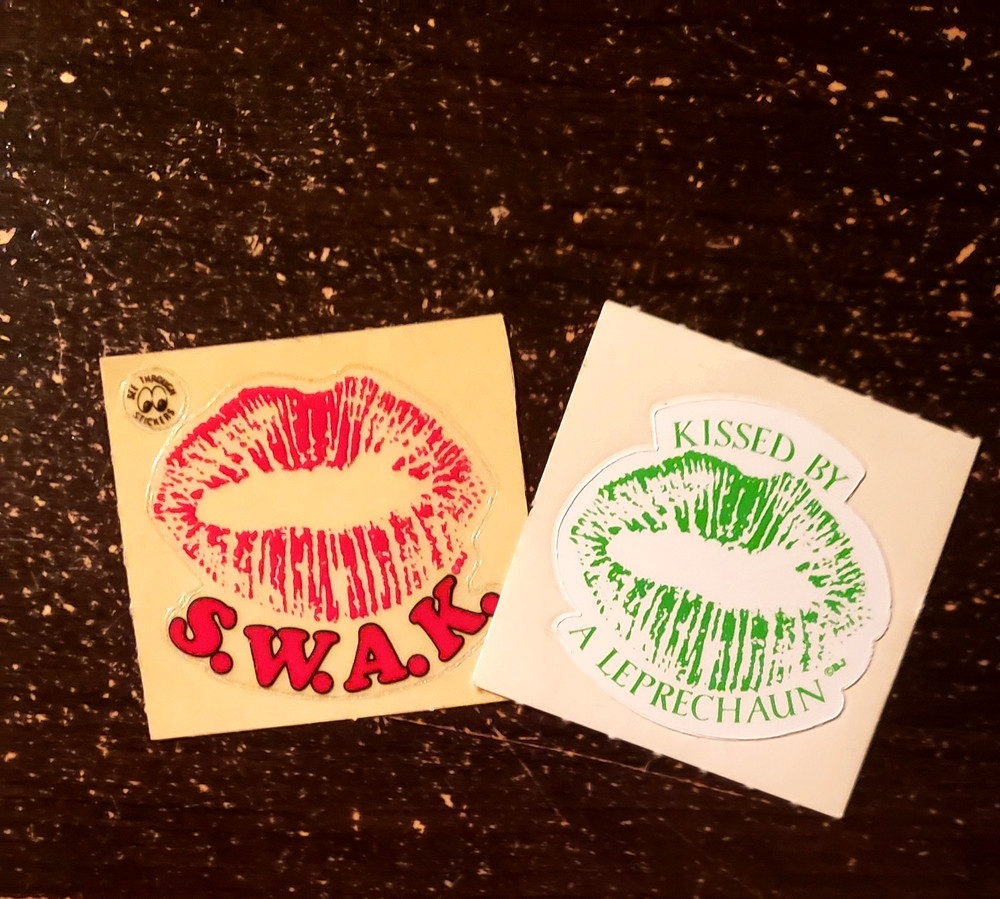 VINTAGE BJ 2 VINYL LIP STICKER SET KISSED BY A LEPRECHAUN GREEN SWAK RED RARE