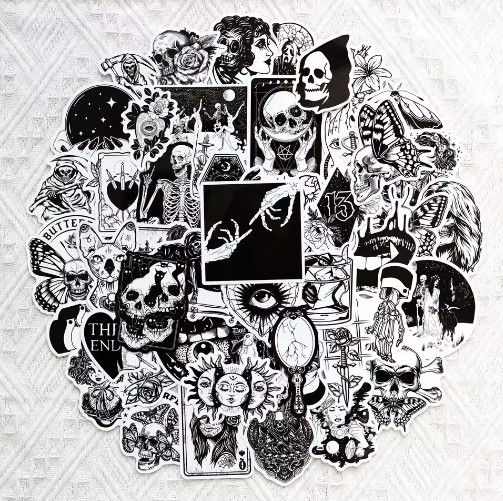 50pc – 2″x2″ Gothic Grunge Black & White Sticker Pack – Journaling, Scrapbooking