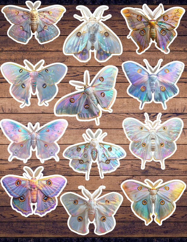 Holographic Moth Die Cut Vinyl Stickers Set Scrapbooking Laptop Waterbottle