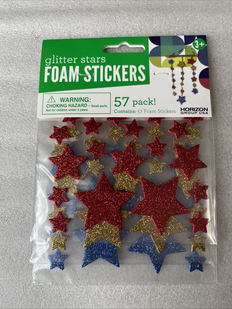 Horizon USA Glitter Star Foam Sticker Sticker Set NEW Red Gold Blue 57 pc
