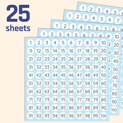 25 Sheets, 1 to 100, Number Stickers Labels – 0.4″ Round, Pack of 2500