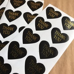 50 Heart Shaped Thank You Stickers On Glossy Black Paper With Gold Lettering