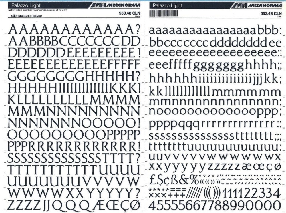 MECANORMA Transfer Lettering 553.48 CLN Letraset, #655 PALAZZO LIGHT 13MM