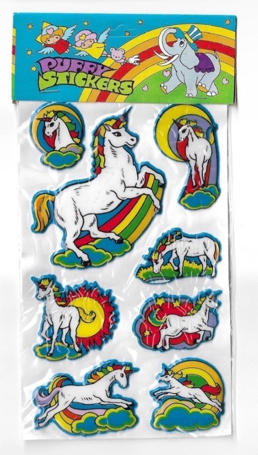(7) Vintage 1979 Unicorn Rainbow Puffy Stickers! Unused Taiwan