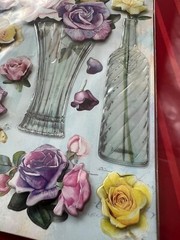 VERY RARE – SO BEAUTIFUL LARGE PINK ROSES IN VASES PUFFY 3D STICKERS SHIPS FREE