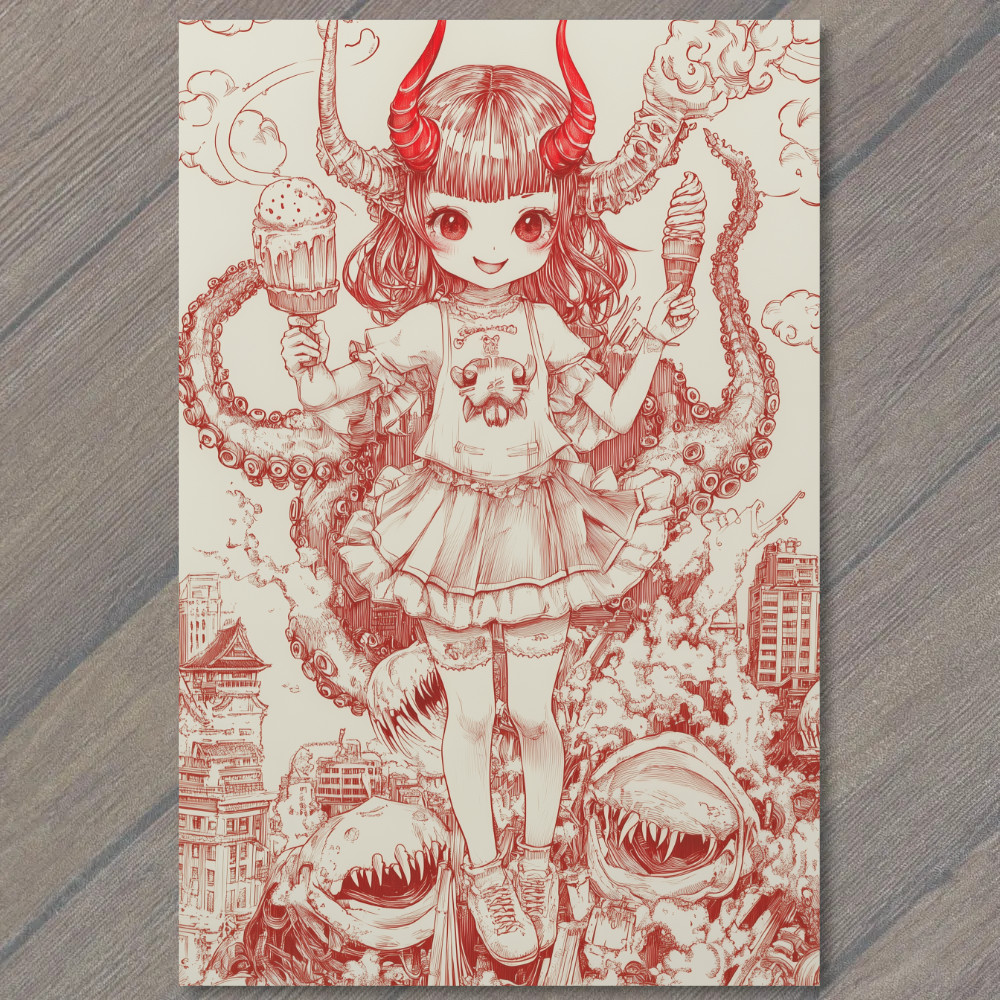 STICKER Devil Girl Ice Cream Tentacles Chaos City Retro Horror Red Ink