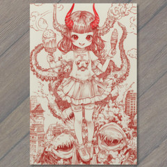 STICKER Devil Girl Ice Cream Tentacles Chaos City Retro Horror Red Ink