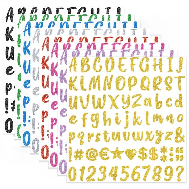 648 Pieces 8 Sheets Letter Stickers Glitter Small Self 1 Inch, Multicolor