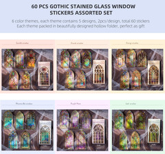 60Pcs Vintage Glazed Window Themed Stickers, 6 Packs Holographic Gothic Cathedra