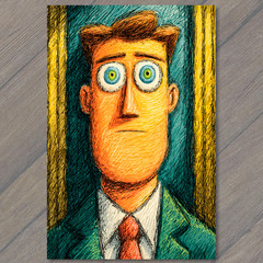 STICKER Wide Eyed Surreal Man Portrait Big Eyes Awkward Expression Bold Color
