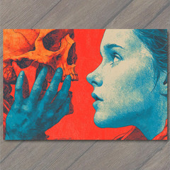STICKER Blue Woman Red Skull Close Face Off Horror Love Neon Contrast Color