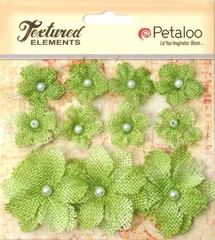 Burlap Flowers PISTACHIO GREEN Approx 8 @ 2cm & 3 @ 4cm across Petaloo 1208 BUR