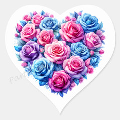 PINK AND BLUE ROSES ENVELOPE SEALS LABELS STICKERS PARTY FAVORS – (Heart Shaped)