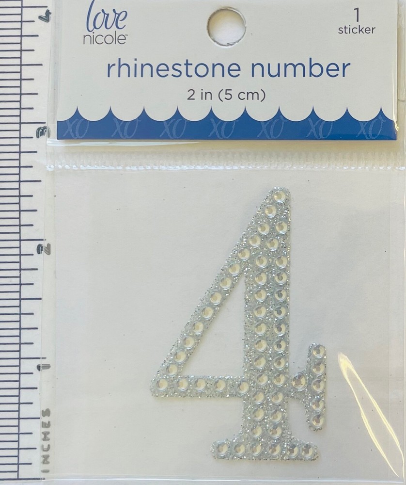Number 4 Rhinestone Sticker 2″ Clear Silver Glitter Scrapbook Monogram Bling
