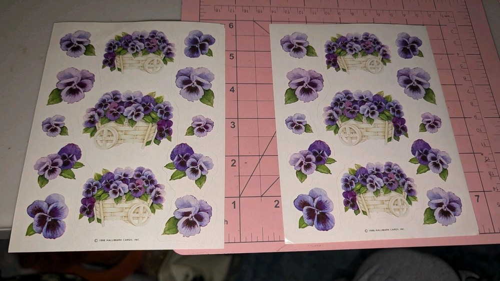 Vintage Hallmark Stickers Pansy Pansies Flowers In Cart Lot 2 Sheets READ