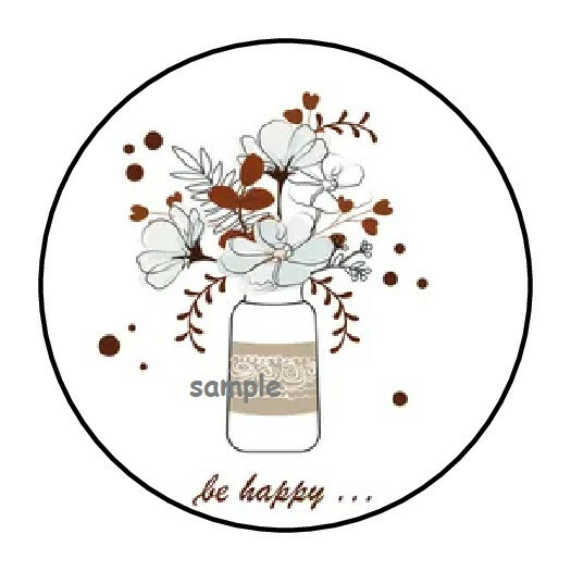 30 BE HAPPY FLORAL ENVELOPE SEALS LABELS STICKERS 1.5″ ROUND FLOWERS IN VASE