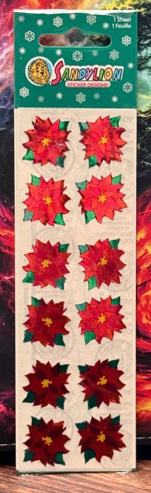 Sealed Vintage SandyLion Foil Mylar Christmas Poinsettia Sticker Designs 1 Sheet