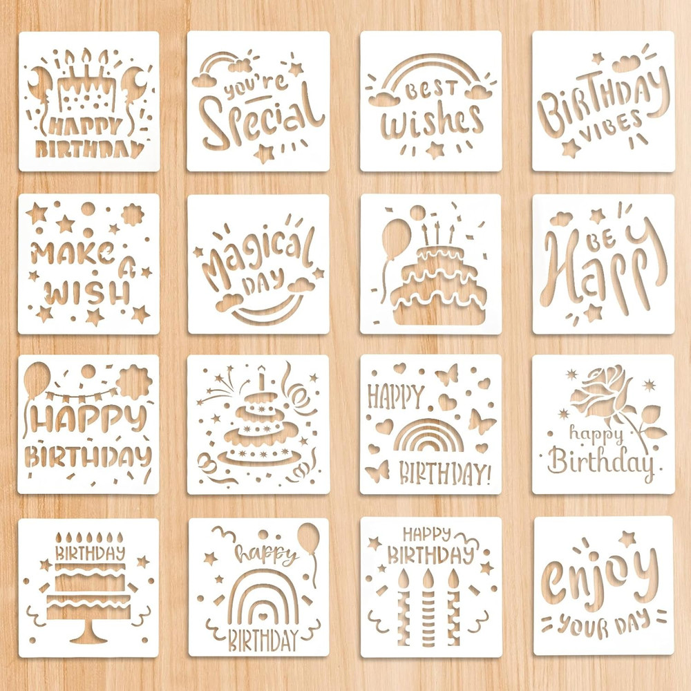 16 Pieces Happy Birthday Stencil for Cakes, 5.9X5.9 Inch Happy Bithday Drawing T