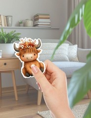 Floral Highland Cow Die Cut Vinyl Stickers Scrapbooking Laptop Waterbottle