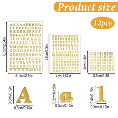 LXUEJIE 12 Sheets Small Letter Stickers, 3 Sizes Mini Alphabet Number Gold