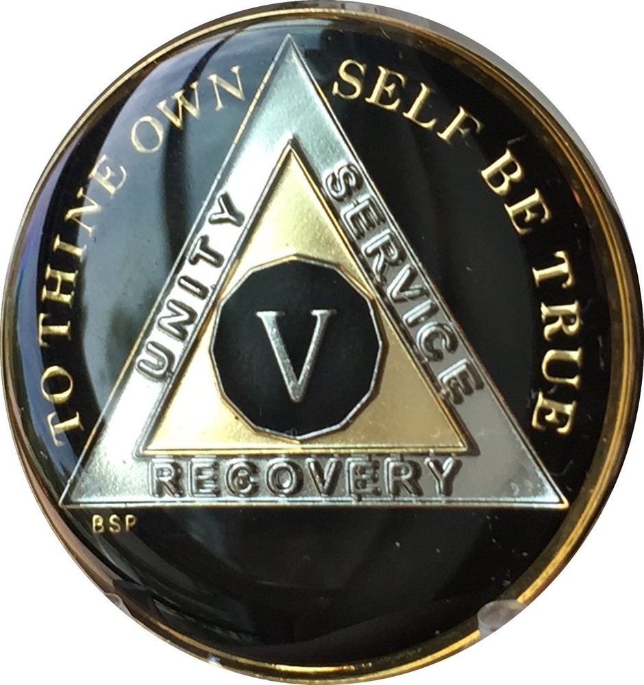 5 Year Classic Black AA Alcoholics Anonymous Medallion Sobriety Chip Tri Plat…