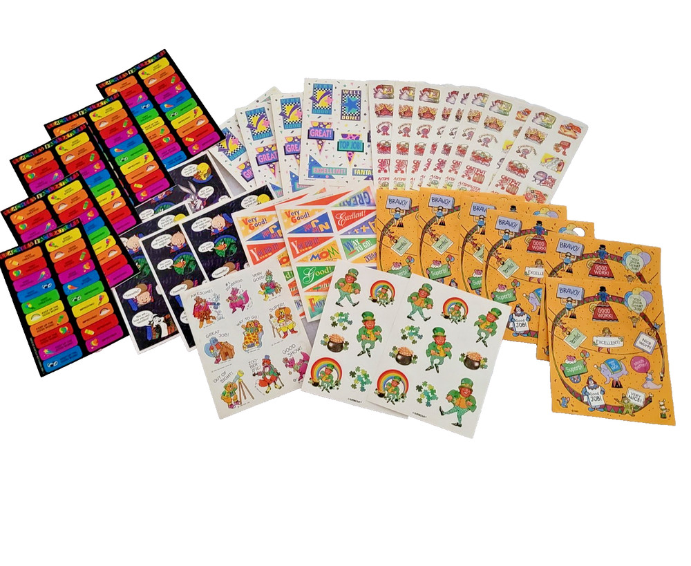 Vtg Teacher Stickers 80s 90s School Reward 33 sheets Rainbow Retro Looney Tunes