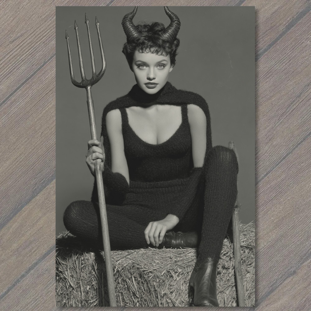 STICKER Devil Horns Girl Pitchfork Black Outfit Dark Whimsical Halloween Style