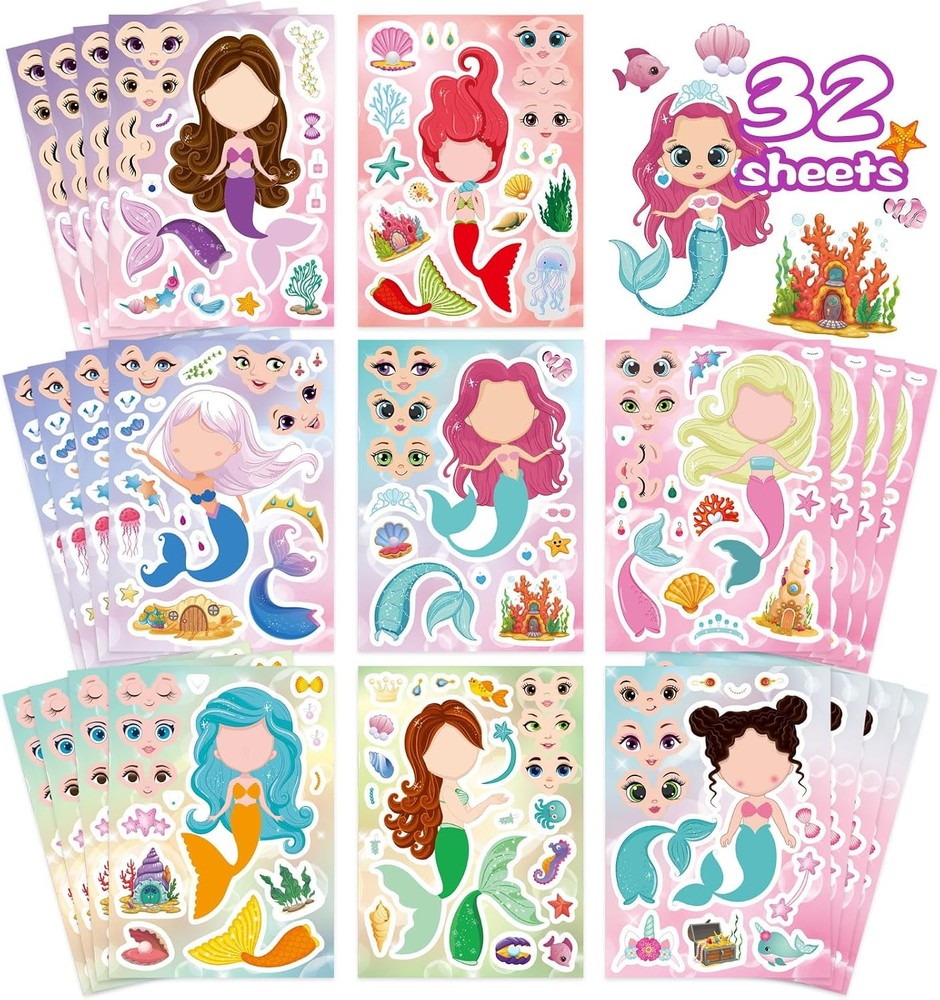 32 Mermaid Make a Face Stickers Sheets Kids DIY Art Craft Party Favors Activity