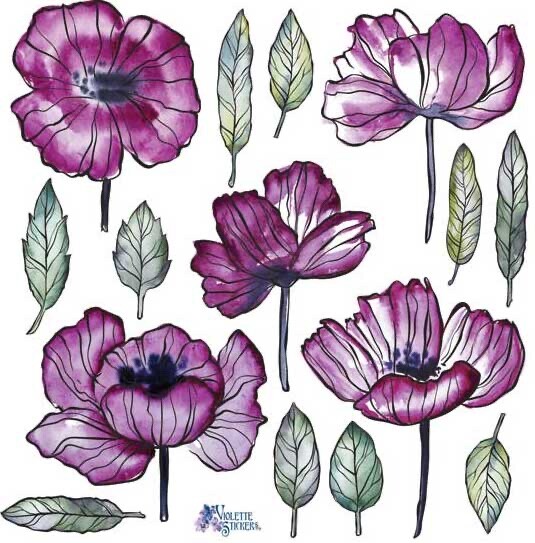 Violette Stickers Pretty Purple Poppy Flowers Crafts Planner Supply Scrapbook