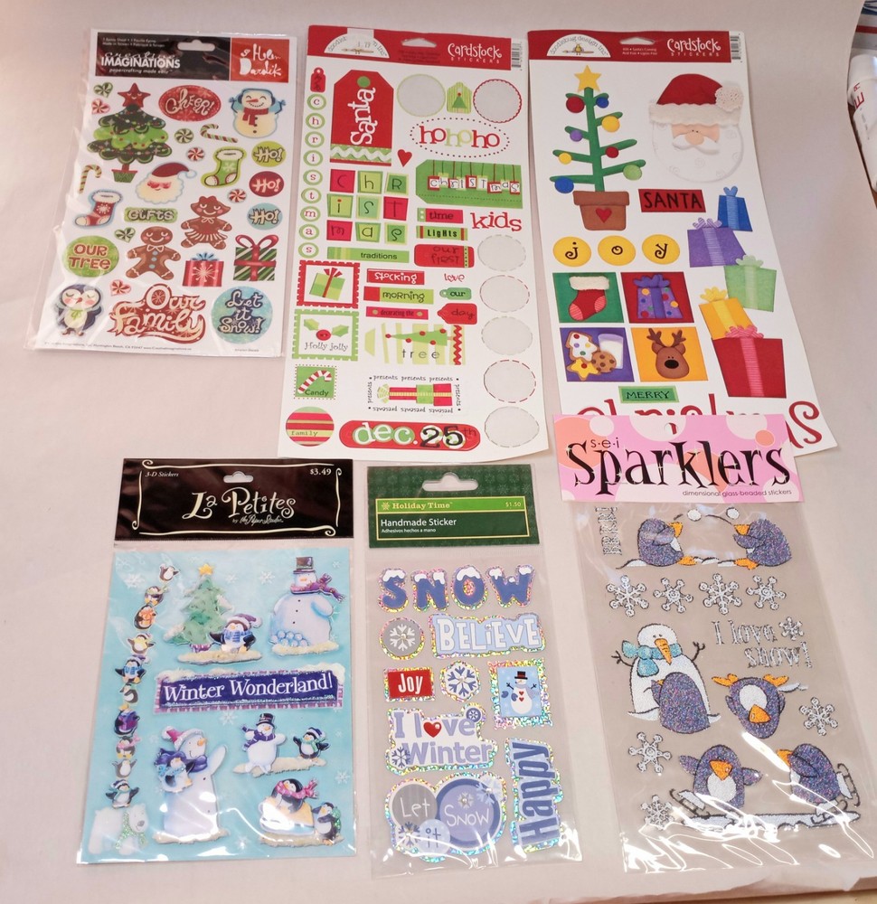Christmas Sticker Lot Die Cut, 3-D, Glass Beaded Penguins, Snowman Snow Flake