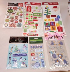 Christmas Sticker Lot Die Cut, 3-D, Glass Beaded Penguins, Snowman Snow Flake