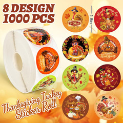 1000 PCS Thanksgiving Turkey Stickers Roll – 8 Designs Self-Adhesive Paper Decal