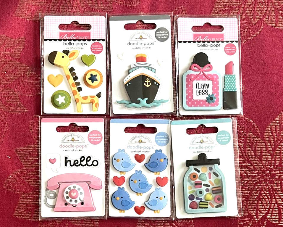 #D19- LOT 6 PACKAGES DOODLE-POPS 3D STICKERS GIRAFFE SHIP LIPSTICK PHONE BIRDS