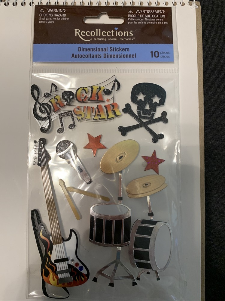 Rock Star Musician 3D Stickers 10 Pieces Guitar Drums Black Skull Microphone