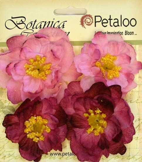 RUFFLED PEONY – FUCHSIA – 45 to 50mm x 4 Flowers with Centre FABRIC Petaloo A